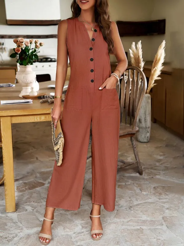 Women's Wide Leg V-Neck Sleeveless Jumpsuit with Pockets in 4 Colors S-XL