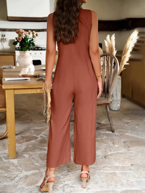 Women's Wide Leg V-Neck Sleeveless Jumpsuit with Pockets in 4 Colors S-XL