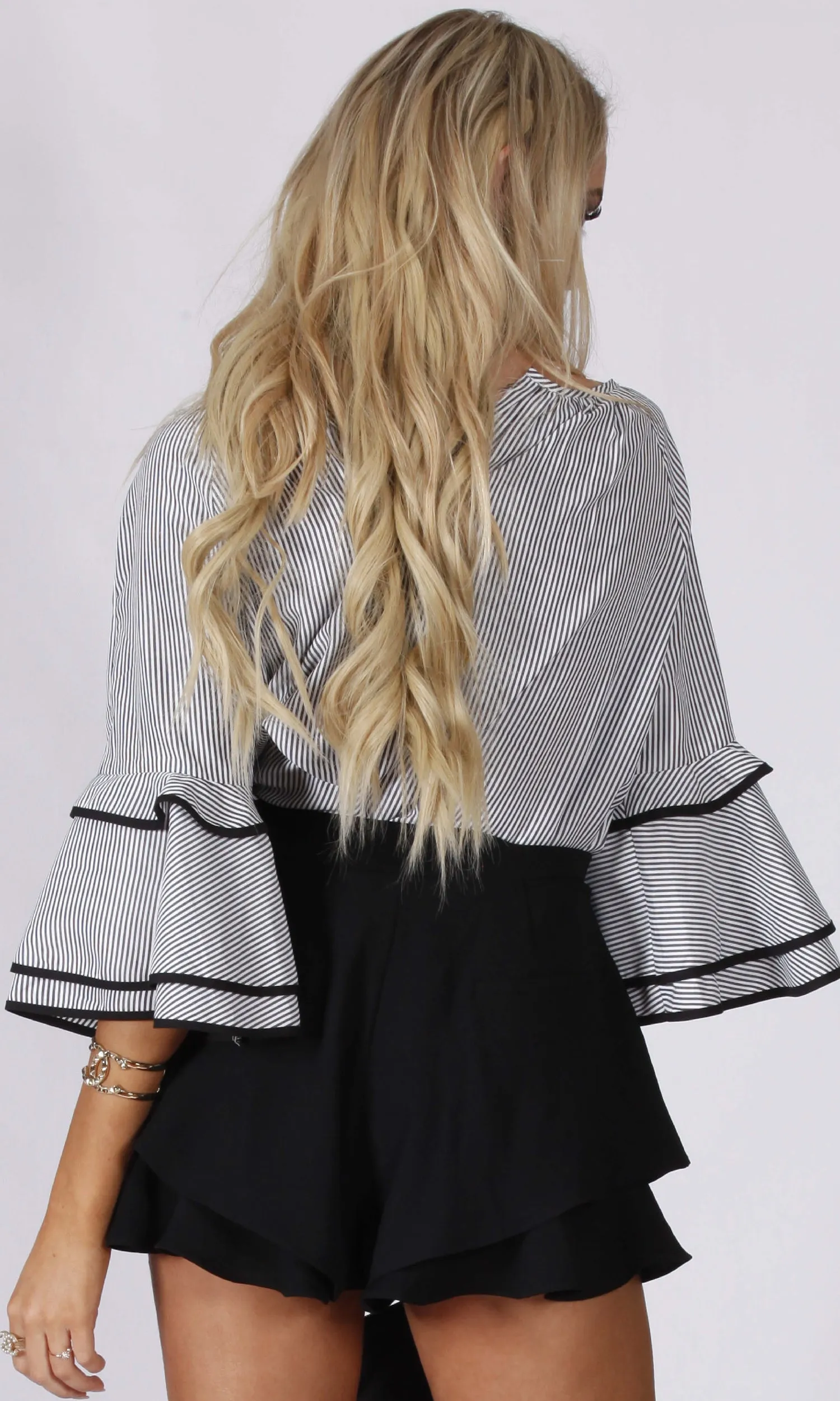 YW17079SS Pinstripe Pearl Embellished Ruffle Sleeves Top(Pack)